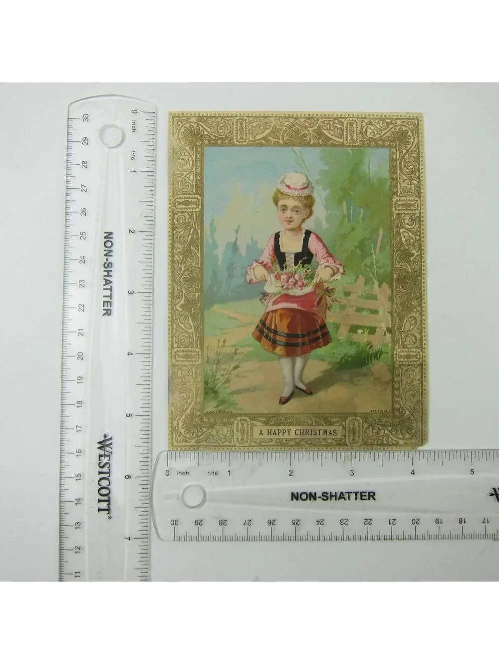 Victorian Christmas Card Girl Holds Pink Flowers Poem Embossed Marcus Ward & Co
